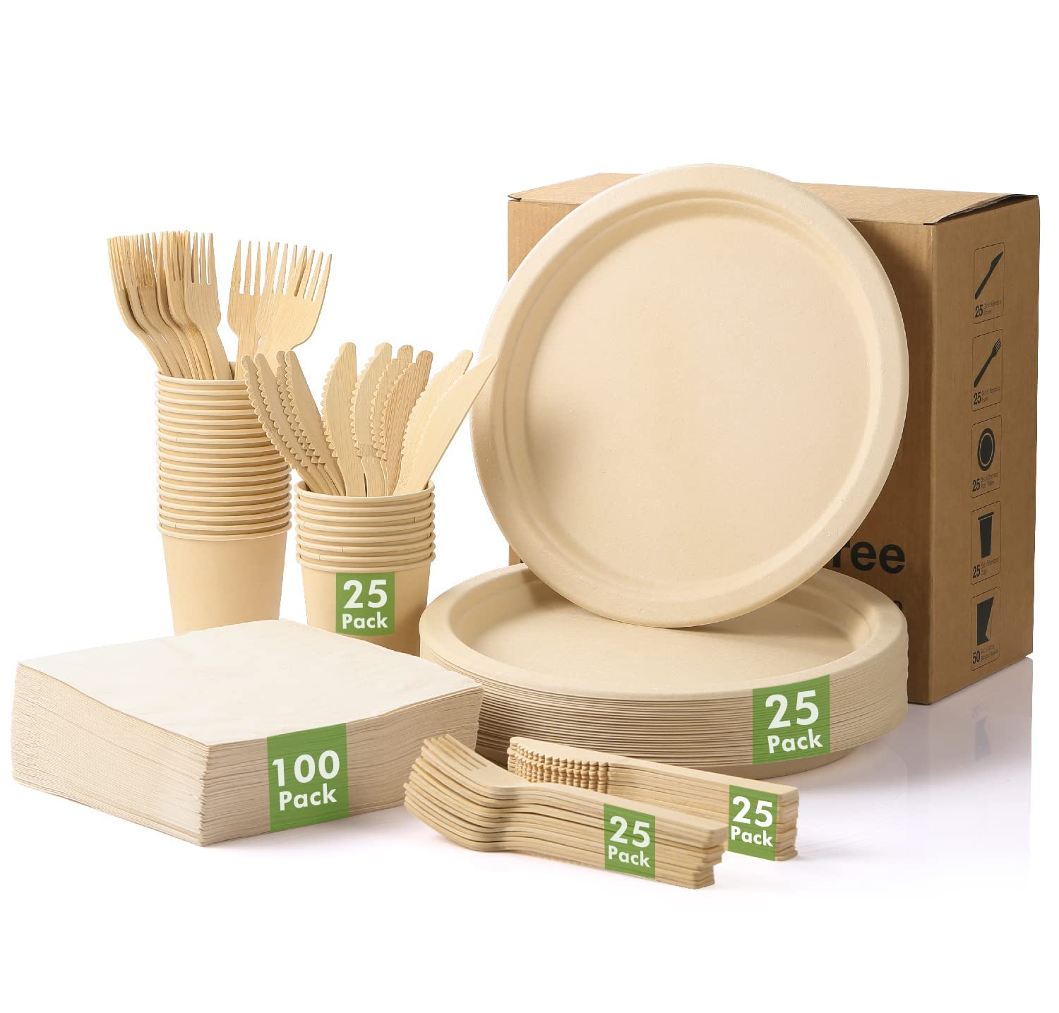 Lekoch 25 Guests Disposable 100% Bamboo Pulp 10inch Plates, Cutlery, Paper Napkins, Cups Party Set, Biodegradable Disposable Bamboo Pulp Dinnerware Set