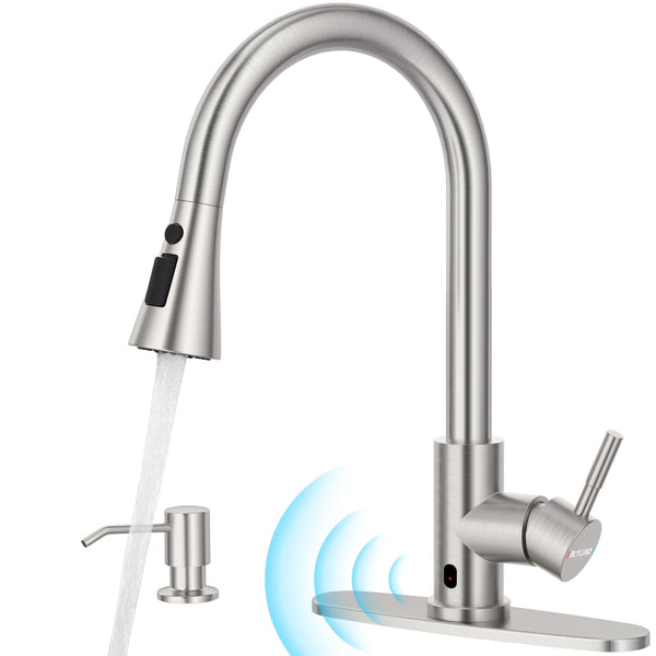 BLYLUND Touchless Kitchen Faucet with Pull-Down Sprayer, Kitchen Sink Faucet Brushed Nickel Faucets with Soap Dispensor, Single Handle Hands-Free Sensor Suitable for 1 to 4 Hole Sink, Stainless Steel