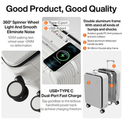 mixi Carry On Luggage with Cup Phone Holder and Charger Hard Shell Suitcases with Spinner Wheels, 20 Inch Smoke White
