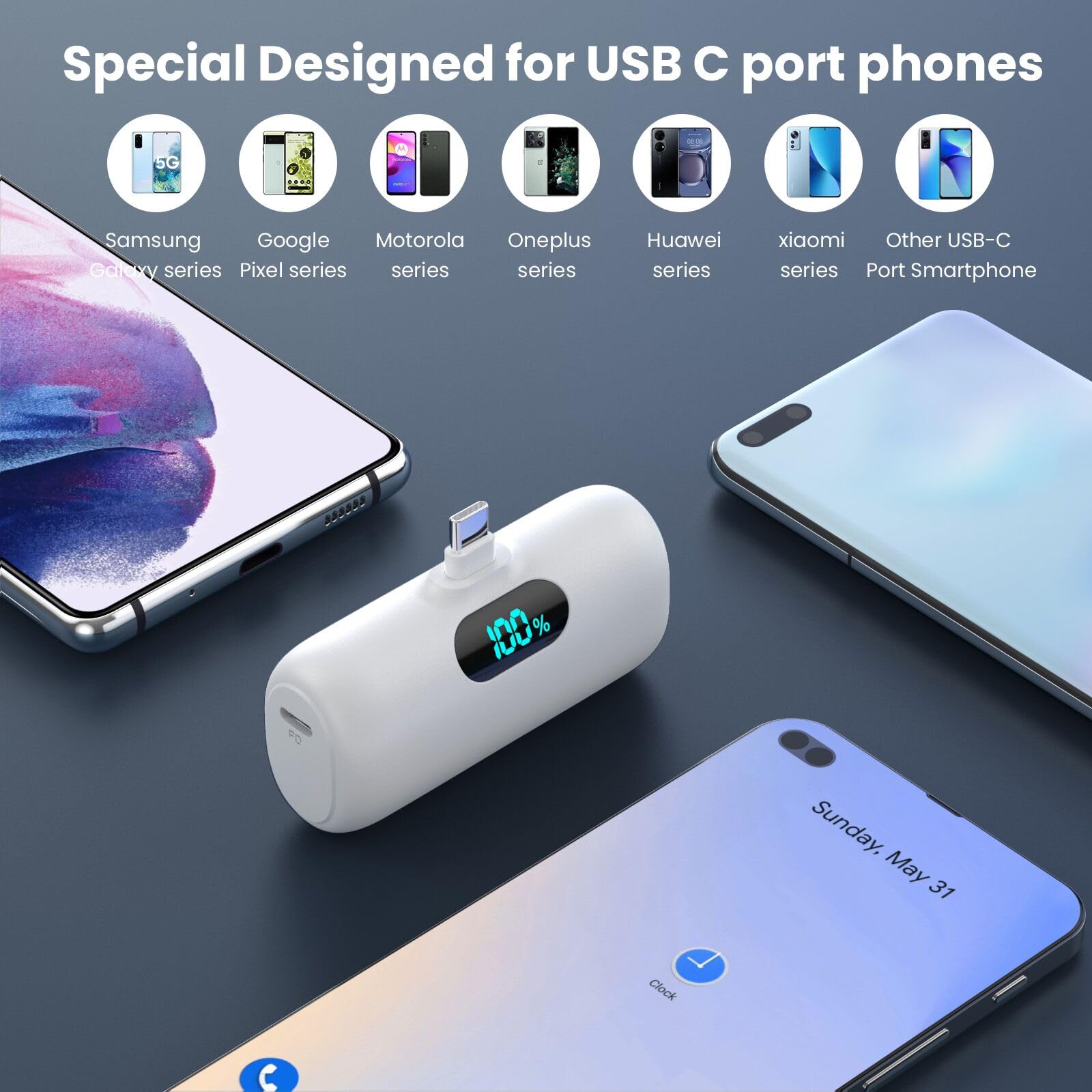 [2-Pack] Mini Portable Charger 5000mAh Power Bank,3A PD USB C Cell Phone Portable Power, LCD Display Battery Pack Compatible with iPhone 16/15/15 plus/15 pro/15 pro Max/Android/Samsung/Moto/LG etc