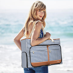 Lekesping Waterproof Beach Bag for Women - Tote Bags with Zip and Pocket, 35l Fldable Travel Tote Bag with Shoe Compartment, Enhanced with Bottom Elastic Strap (Striped)