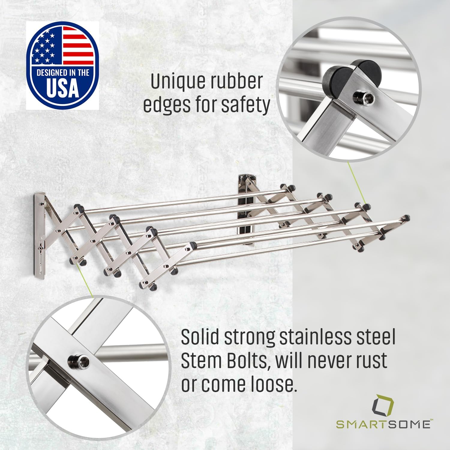 Smartsome Space Saver Fold Away Racks: Stainless Steel Wall-Mounted Laundry Drying Rack, Easy to Install - 8 Rods, Each 34" Long, Total: 22.5 Linear Ft, 60 lb Capacity for Indoor/Outdoor Use