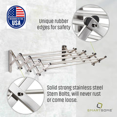 Smartsome Space Saver Fold Away Racks: Stainless Steel Wall-Mounted Laundry Drying Rack, Easy to Install - 8 Rods, Each 34" Long, Total: 22.5 Linear Ft, 60 lb Capacity for Indoor/Outdoor Use