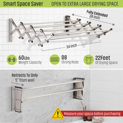 Smartsome Space Saver Fold Away Racks: Stainless Steel Wall-Mounted Laundry Drying Rack, Easy to Install - 8 Rods, Each 34" Long, Total: 22.5 Linear Ft, 60 lb Capacity for Indoor/Outdoor Use
