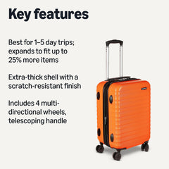 Amazon Basics 21" Hardside Carry-On Luggage, Hardshell Suitcase With Wheels, Expandable For Up to 25% More Space, With Scratch-Resistant Surface, Four Multi-directional Wheels, Orange