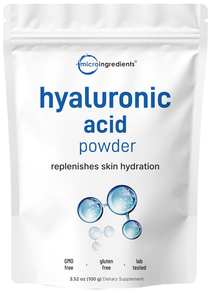 Micro Ingredients Hyaluronic Acid Serum Powder, 100 Grams | Low Molecular Weight, Cosmetics Grade | Skin Hydration and Moisture Support Supplements | Vegan, Water Soluble (Within 2 Hours)