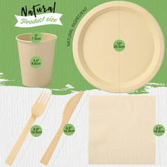 Lekoch 25 Guests Disposable 100% Bamboo Pulp 10inch Plates, Cutlery, Paper Napkins, Cups Party Set, Biodegradable Disposable Bamboo Pulp Dinnerware Set