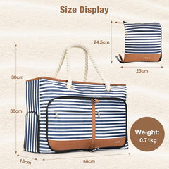 Lekesping Waterproof Beach Bag for Women - Tote Bags with Zip and Pocket, 35l Fldable Travel Tote Bag with Shoe Compartment, Enhanced with Bottom Elastic Strap (Striped)