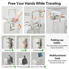 mixi Carry On Luggage with Cup Phone Holder and Charger Hard Shell Suitcases with Spinner Wheels, 20 Inch Smoke White