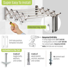 Smartsome Space Saver Fold Away Racks: Stainless Steel Wall-Mounted Laundry Drying Rack, Easy to Install - 8 Rods, Each 34" Long, Total: 22.5 Linear Ft, 60 lb Capacity for Indoor/Outdoor Use