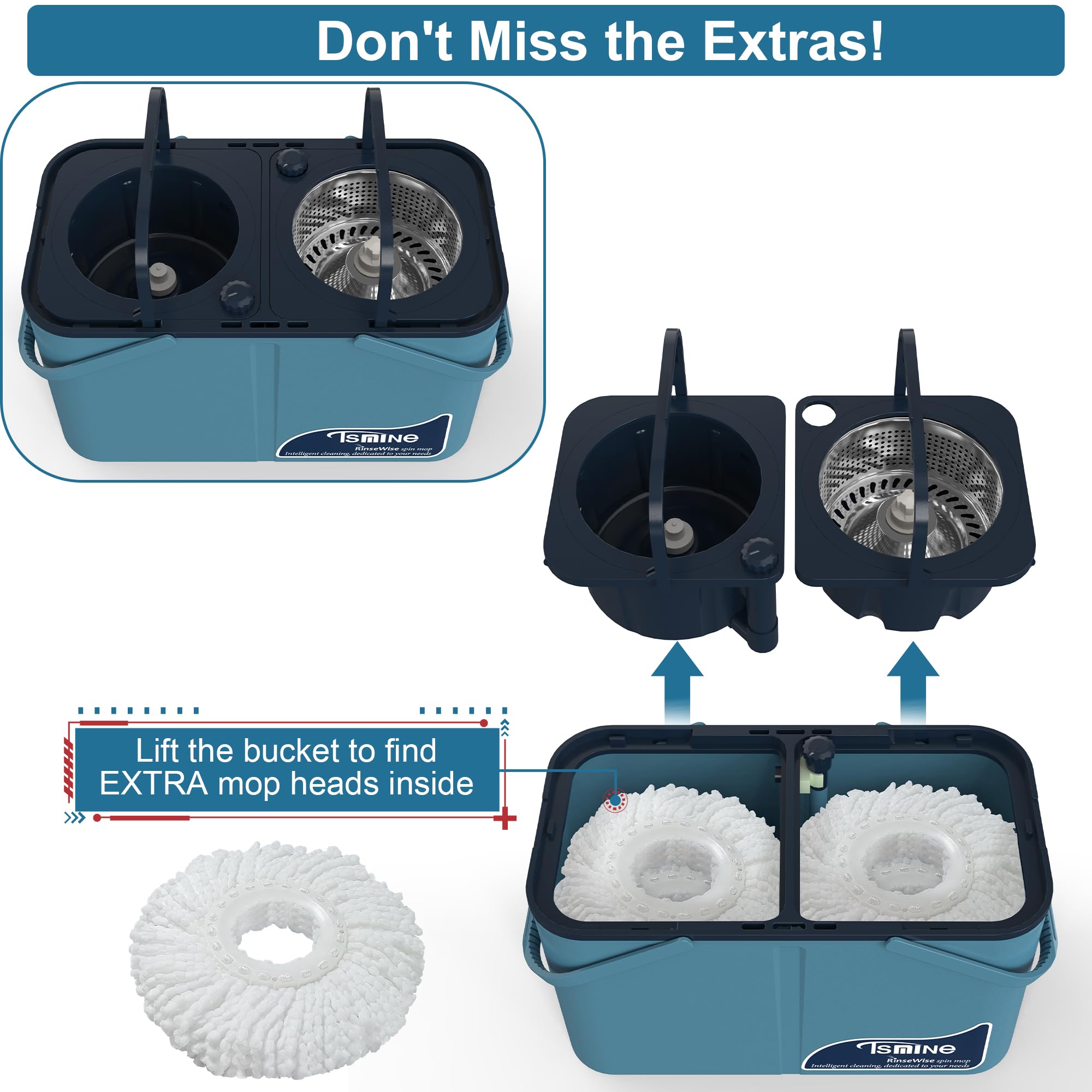 Spin Mop and Bucket,Mop Bucket with Separates Dirty and Clean Water,4-Chamber Mop and Bucket with Wringer Set for Home, Best Household Cleaning Tools with 6 Replacement Mop Heads,4X Wheel