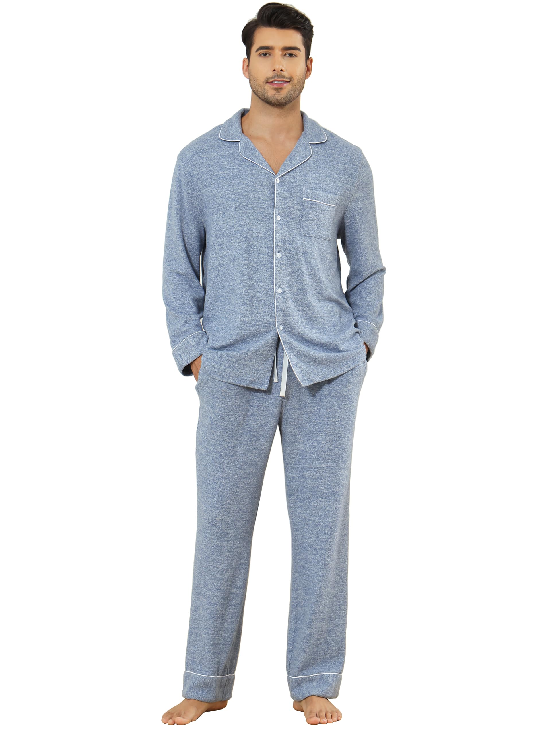 Veseacky Mens Pajamas Set Long Sleeve Soft Pajamas for Men Button Down Sleepwear Pjs Lounge Sets with Pockets (Blue,XL)