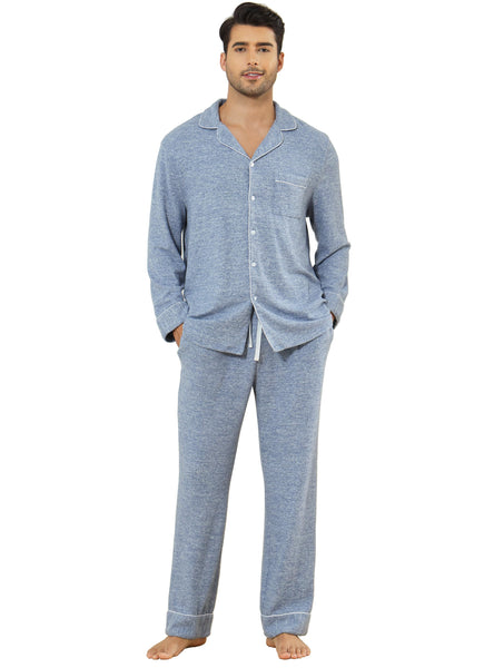 Veseacky Mens Pajamas Set Long Sleeve Soft Pajamas for Men Button Down Sleepwear Pjs Lounge Sets with Pockets (Blue,XL)