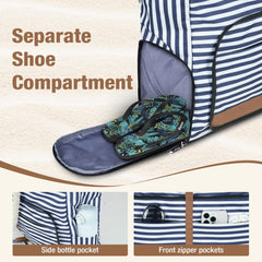 Lekesping Waterproof Beach Bag for Women - Tote Bags with Zip and Pocket, 35l Fldable Travel Tote Bag with Shoe Compartment, Enhanced with Bottom Elastic Strap (Striped)