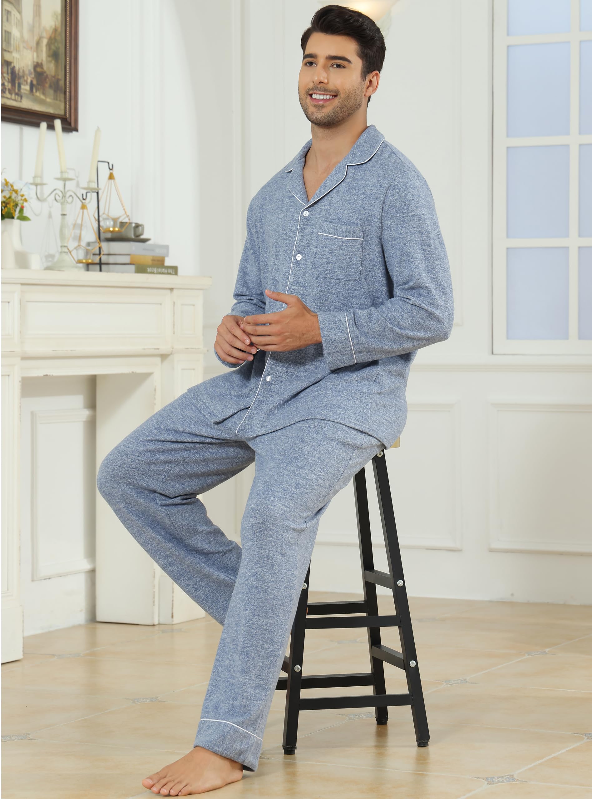 Veseacky Mens Pajamas Set Long Sleeve Soft Pajamas for Men Button Down Sleepwear Pjs Lounge Sets with Pockets (Blue,XL)