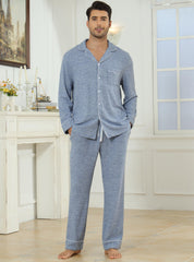 Veseacky Mens Pajamas Set Long Sleeve Soft Pajamas for Men Button Down Sleepwear Pjs Lounge Sets with Pockets (Blue,XL)