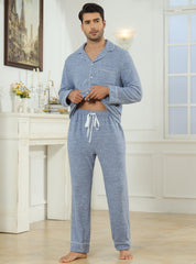 Veseacky Mens Pajamas Set Long Sleeve Soft Pajamas for Men Button Down Sleepwear Pjs Lounge Sets with Pockets (Blue,XL)