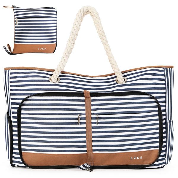 Lekesping Waterproof Beach Bag for Women - Tote Bags with Zip and Pocket, 35l Fldable Travel Tote Bag with Shoe Compartment, Enhanced with Bottom Elastic Strap (Striped)
