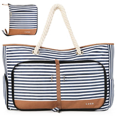 Lekesping Waterproof Beach Bag for Women - Tote Bags with Zip and Pocket, 35l Fldable Travel Tote Bag with Shoe Compartment, Enhanced with Bottom Elastic Strap (Striped)