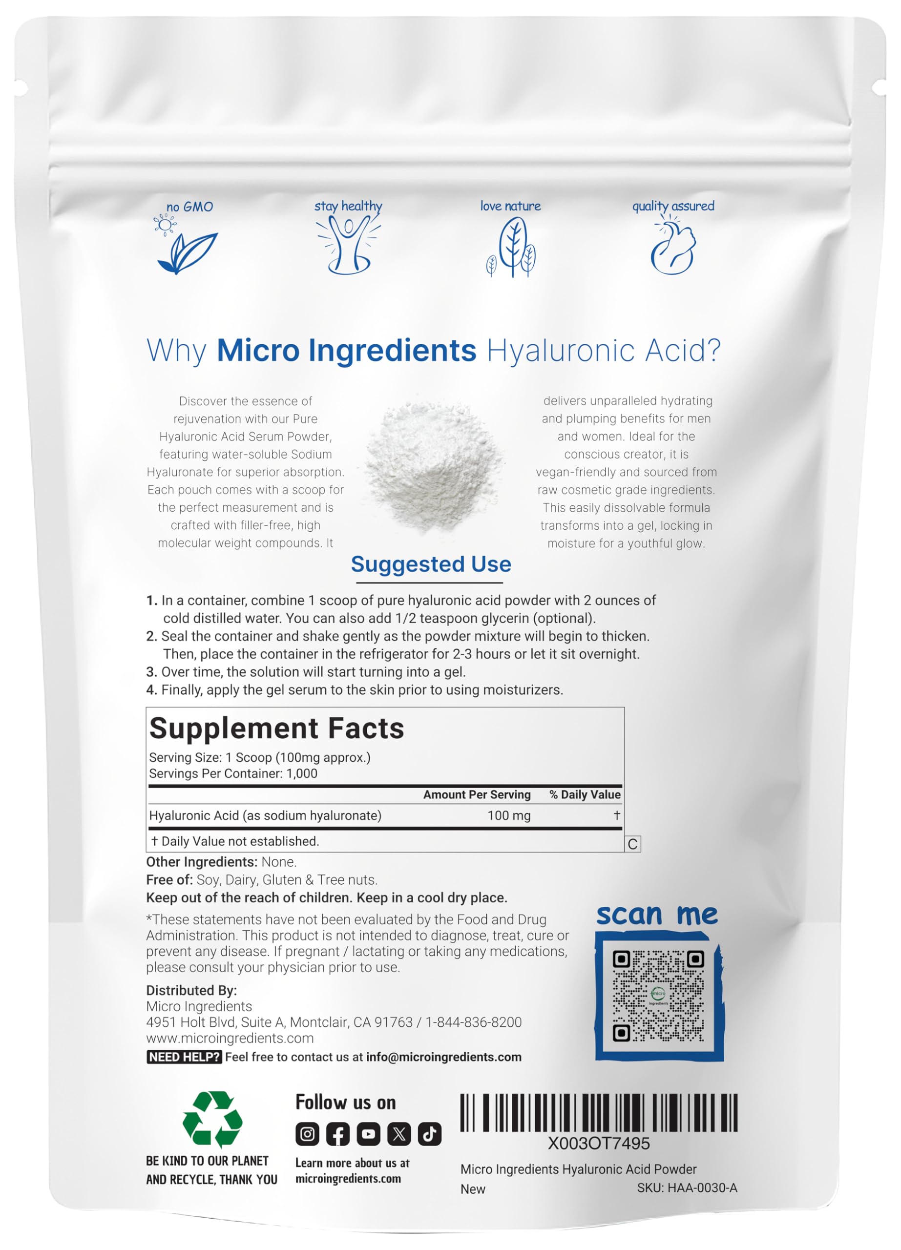 Micro Ingredients Hyaluronic Acid Serum Powder, 100 Grams | Low Molecular Weight, Cosmetics Grade | Skin Hydration and Moisture Support Supplements | Vegan, Water Soluble (Within 2 Hours)