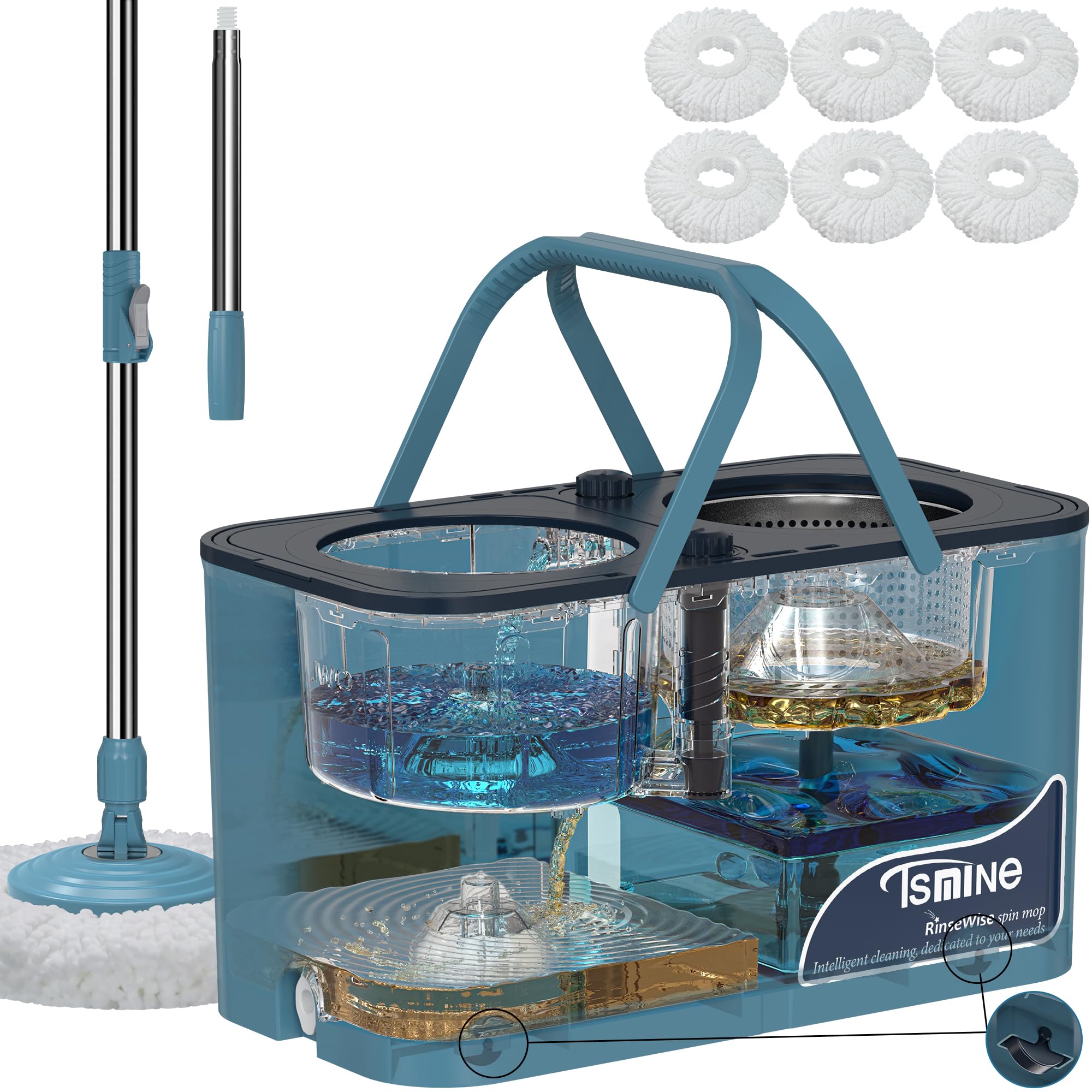 Spin Mop and Bucket,Mop Bucket with Separates Dirty and Clean Water,4-Chamber Mop and Bucket with Wringer Set for Home, Best Household Cleaning Tools with 6 Replacement Mop Heads,4X Wheel