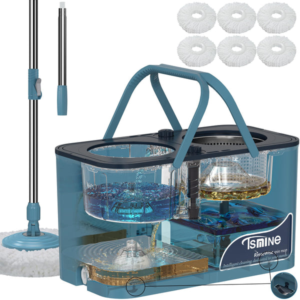 Spin Mop and Bucket,Mop Bucket with Separates Dirty and Clean Water,4-Chamber Mop and Bucket with Wringer Set for Home, Best Household Cleaning Tools with 6 Replacement Mop Heads,4X Wheel