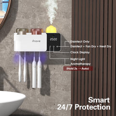 iHave Toothbrush Holders with UV Toothbrush Sanitizer, Aromatherapy Diffuser & IR Night Light - 4-Hour Smart Cruise Disinfection, Auxiliary Combo Drying - Wall-Mounted Bathroom Organizer with 2 Cups