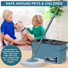 Spin Mop and Bucket,Mop Bucket with Separates Dirty and Clean Water,4-Chamber Mop and Bucket with Wringer Set for Home, Best Household Cleaning Tools with 6 Replacement Mop Heads,4X Wheel