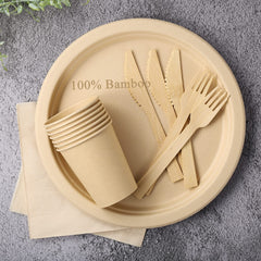 Lekoch 25 Guests Disposable 100% Bamboo Pulp 10inch Plates, Cutlery, Paper Napkins, Cups Party Set, Biodegradable Disposable Bamboo Pulp Dinnerware Set