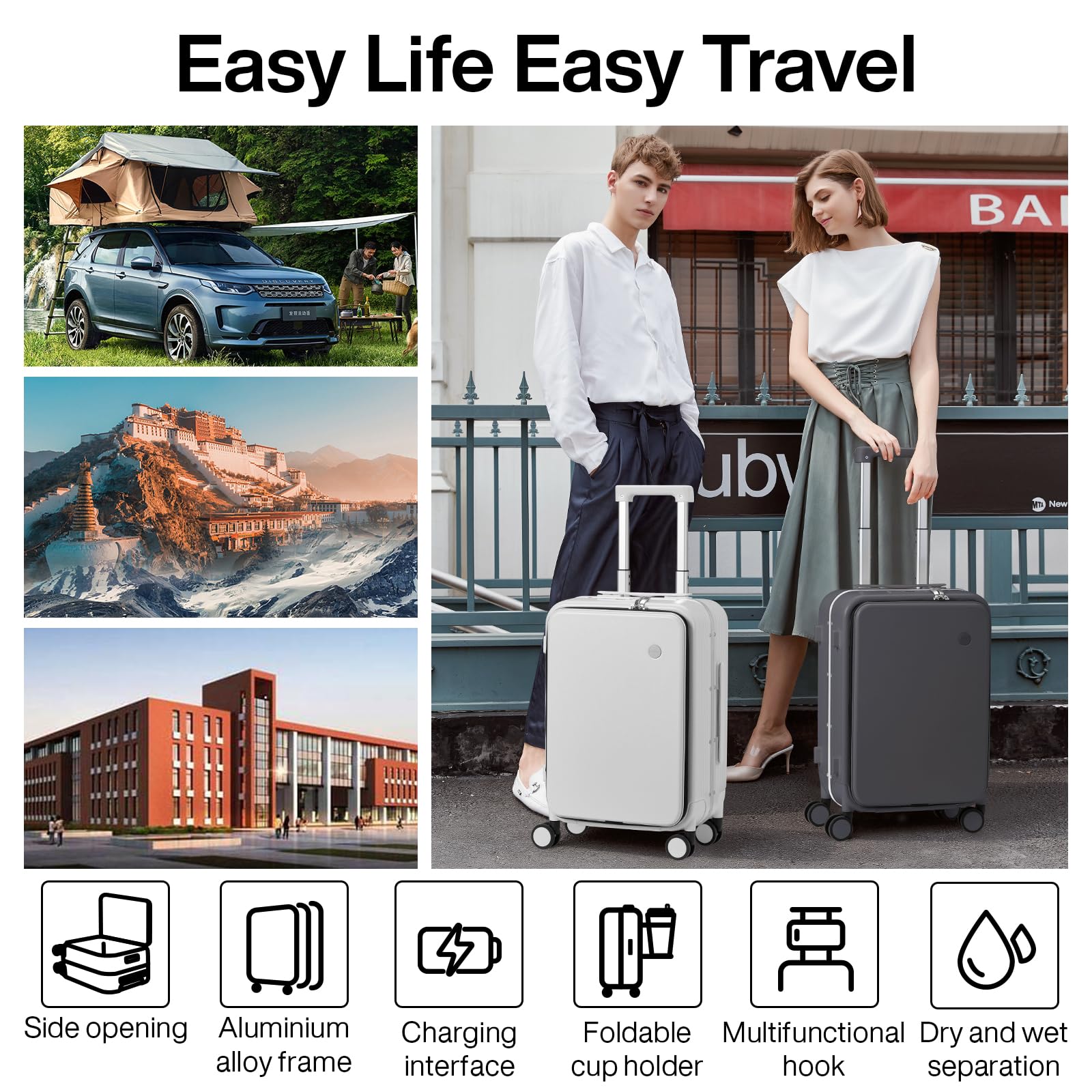 mixi Carry On Luggage with Cup Phone Holder and Charger Hard Shell Suitcases with Spinner Wheels, 20 Inch Smoke White