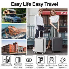 mixi Carry On Luggage with Cup Phone Holder and Charger Hard Shell Suitcases with Spinner Wheels, 20 Inch Smoke White