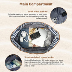 Lekesping Waterproof Beach Bag for Women - Tote Bags with Zip and Pocket, 35l Fldable Travel Tote Bag with Shoe Compartment, Enhanced with Bottom Elastic Strap (Striped)