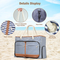 Lekesping Waterproof Beach Bag for Women - Tote Bags with Zip and Pocket, 35l Fldable Travel Tote Bag with Shoe Compartment, Enhanced with Bottom Elastic Strap (Striped)