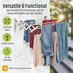 Smartsome Space Saver Fold Away Racks: Stainless Steel Wall-Mounted Laundry Drying Rack, Easy to Install - 8 Rods, Each 34" Long, Total: 22.5 Linear Ft, 60 lb Capacity for Indoor/Outdoor Use
