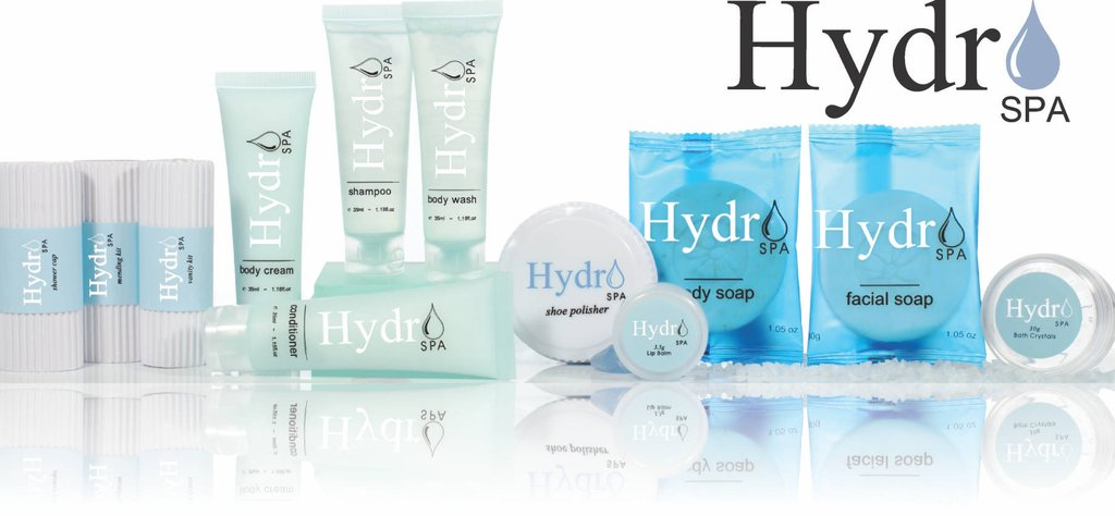 HYDRO SPA COLLECTION: SHAMPOO, BODY CREAM, BODY WASH, CONDITIONER, VANITY KIT; BODY SOAP; SHOWER CAP; MAKEUP REMOVER WIPES.